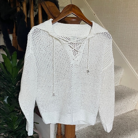 Joie White V-Neck Knit Sparkle Holiday Sweater - Picture 1 of 10